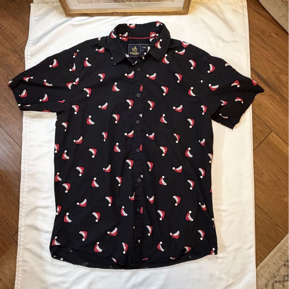 Men’s Rugby University size large Christmas Santa hats button down shirt